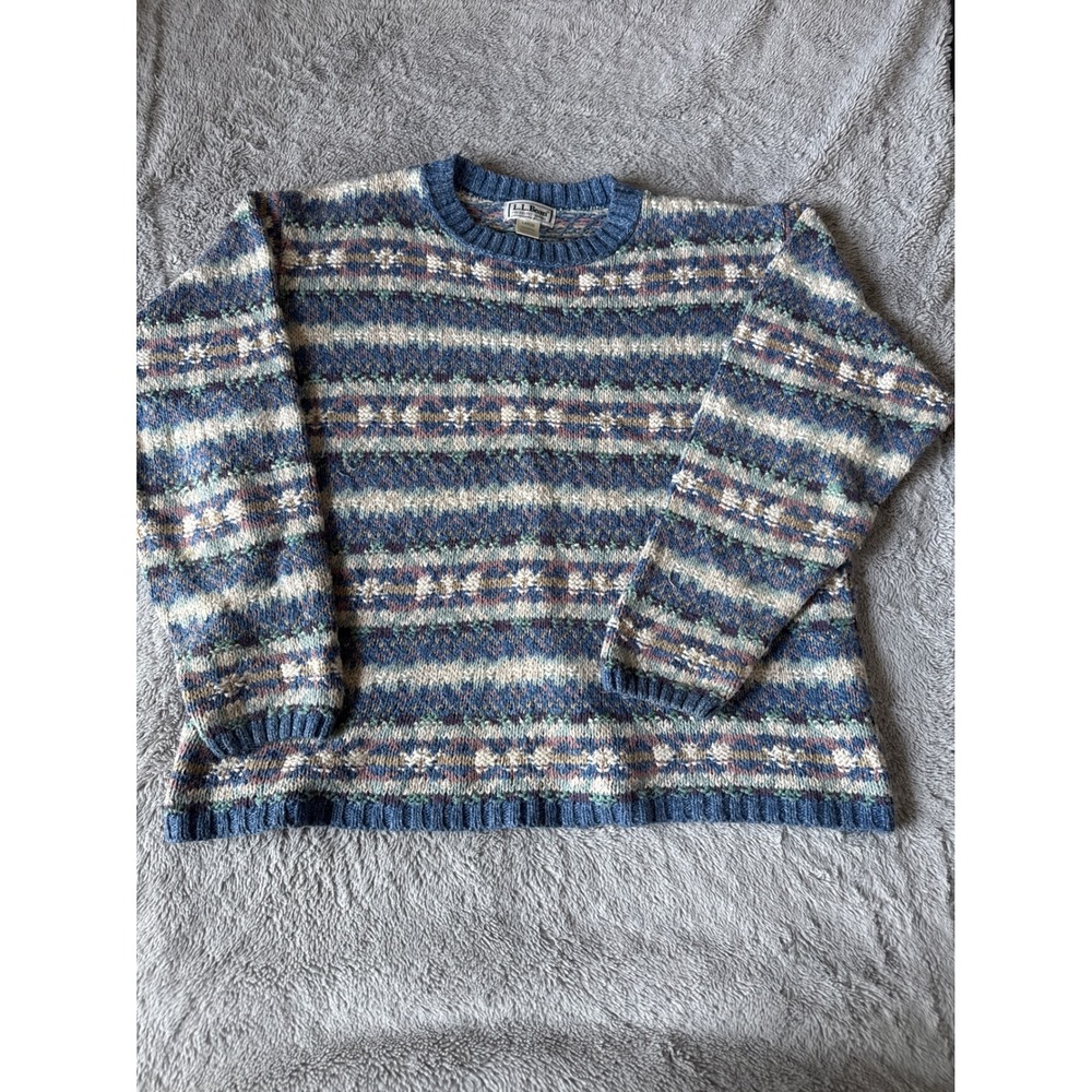 Vintage LL Bean Fair Isle Cotton Sweater Blue Multi Knit Made in USA Large